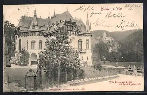 AK Baden, Villa Erzherzog Eugen & Ruine Rauhenstein