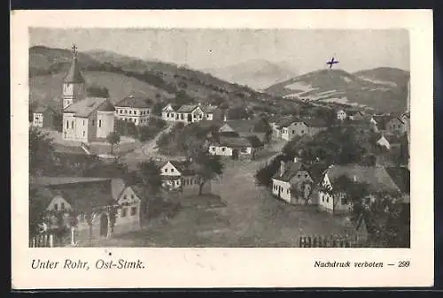 Künstler-AK Unter Rohr /Ost-Stmk., Strassenpartie mit Kirche