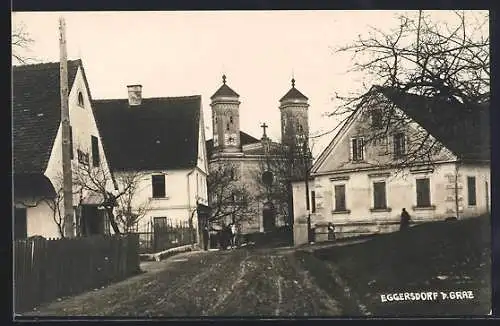 AK Eggersdorf b. Graz, Strassenpartie mit Kirche