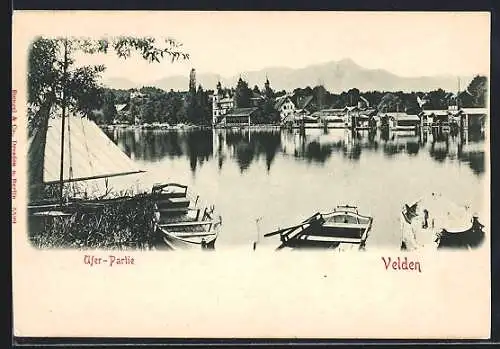 AK Velden, Ufer-Partie mit Booten
