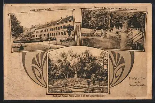 AK Fischau Bad, Militär-Unterrealschule, Teich, Denkmal Kaiser Franz Josef