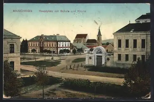 AK Marchegg, Hauptplatz mit Schule & Kirche