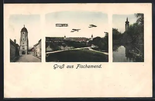 AK Fischamend, Strassenpartie mit Flugzeugen, Tor, Uferpartie