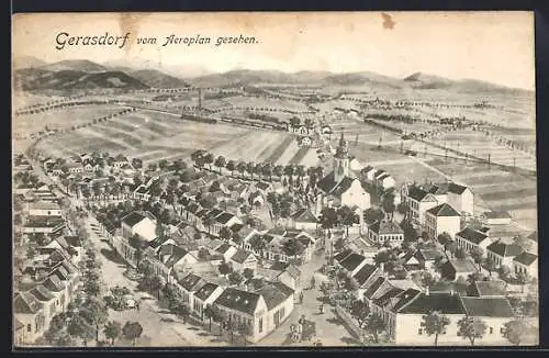 Künstler-AK Gerasdorf, Teilansicht vom Aeroplan gesehen