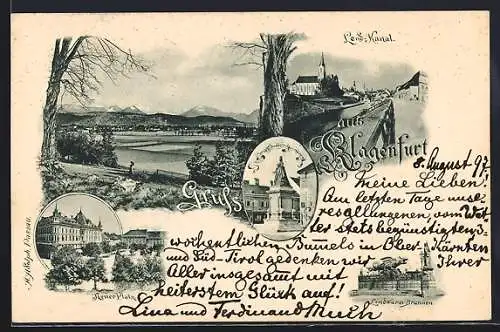 AK Klagenfurt, Lindwurm-Brunnen, Neuer Platz, Lend-Kanal, Denkmal