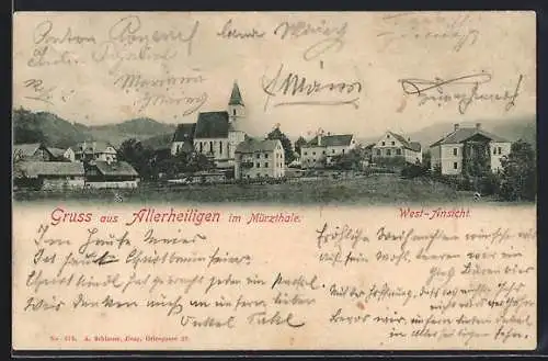 AK Allerheiligen im Mürzthale, West-Ansicht, Panorama mit Kirche