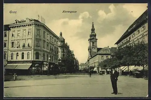AK Graz, Herrengasse, Strassenpanorama mit Geschäften u. Turm