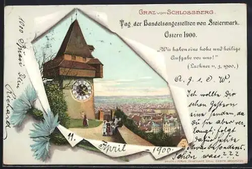 Künstler-AK Graz, Stadtansicht vom Schlossberg, mit Uhrenturm, Kornblumen, Papierriss-Passepartout