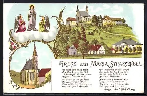 Künstler-AK Maria Strassengel, Kirche mit Umgebung, Heiligenfigur mit Engeln, Gedicht