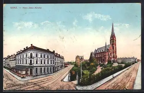 AK Graz, Herz-Jesu-Kirche mit Anlage und Strassen