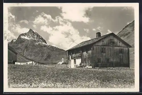 AK Galtür, Pension Bergführer Alois Walter mit Kirche u. Bergspitze