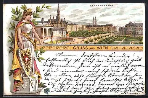 Lithographie Wien, Franzensring, Panorama mit Anlagen, Austria mit Wappen und Lorbeer