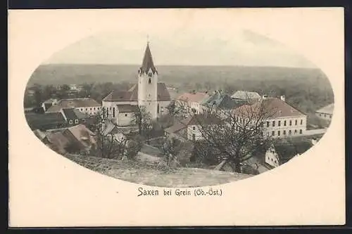 AK Saxen bei Grein, Totalansicht mit Kirche aus der Vogelschau, im Passepartout