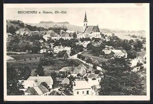 AK Reichenau a. Gusen, Totalansicht mit Kirche, Strasse u. Fernblick aus der Vogelschau