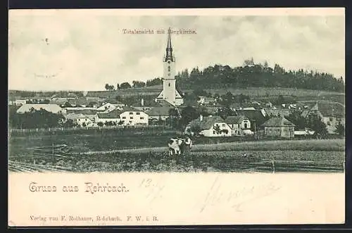 AK Rohrbach, Totalansicht mit Bergkirche, Feldern, Bauer mit Ochsengespann