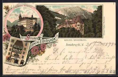 Lithographie Innsbruck, Gasthaus Goldenes Dach, Schloss Weiherburg, Schloss Ambras