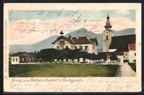 AK Grossgmain, Gasthof Vötterl und Kirche