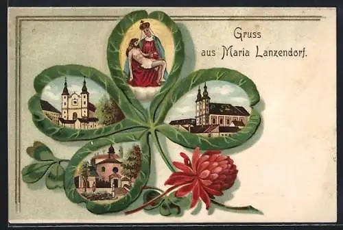 Künstler-AK Maria Lanzendorf, Kirche, Seitenansicht und Gnadenbild im Kleeblatt, Passepartout