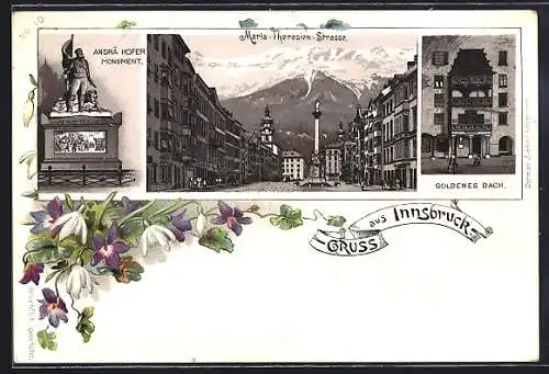 Lithographie Innsbruck, Gasthaus Goldenes Dach, Maria-Theresien-Strasse, Andrä Hofer-Monument