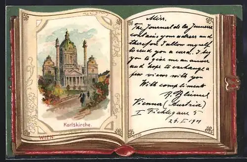 Lithographie Wien, Karlskirche in einem Buch, Passepartout