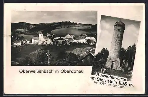 AK Oberweissenbach in Oberdonau, Ortspartie mit Kirche, Aussichtswarte am Sternstein