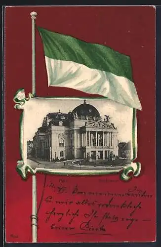 Lithographie Graz, Stadttheater, Flagge, Passepartout