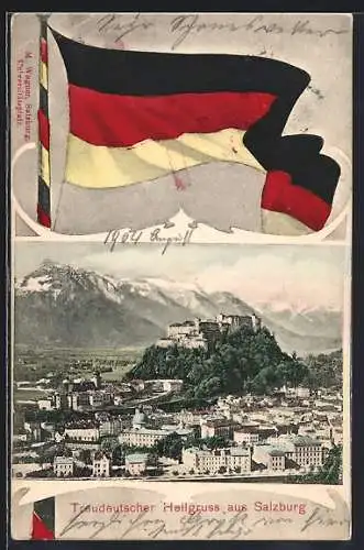 Lithographie Salzburg, Teilansicht mit Burg, Flagge, Passepartout