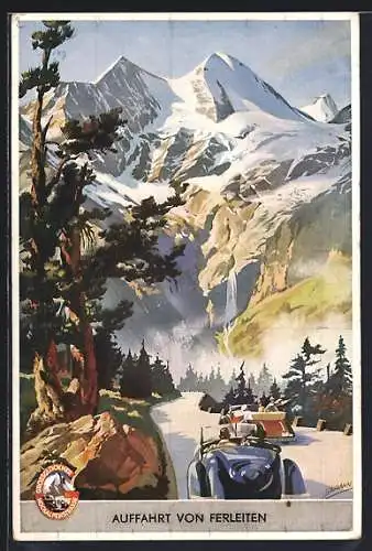 Künstler-AK Ferleiten, Auffahrt zur Grossglockner Hochalpenstrasse, Art Deco