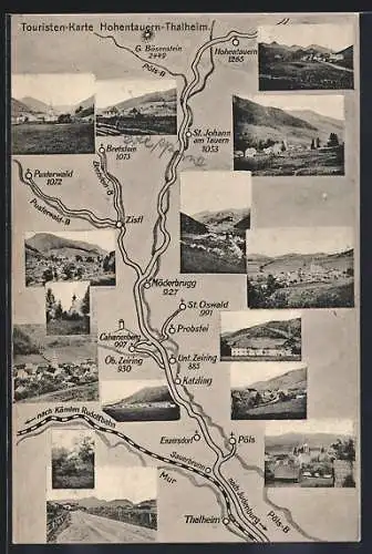 AK Thalheim, geographische Karte der Gegend zwischen Hohentauern und Thalheim mit Ansichten der Städte der Umgebung