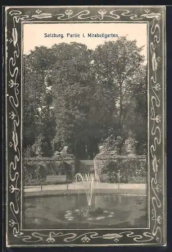 AK Salzburg, Mirabellgarten mit Springbrunnen u. Treppe, Ornament-Rahmen