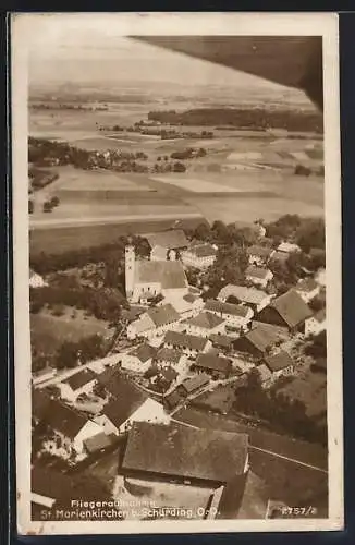 AK St. Marienkirchen b. Schärding, Ortsansicht mit Feldern, Fliegeraufnahme
