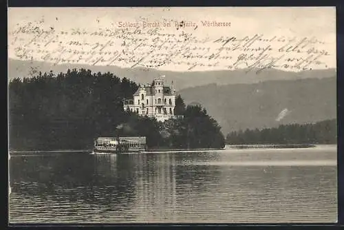 AK Reifnitz, Schloss Bercht vom Wasser, mit Dampfer