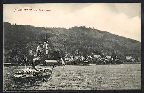 AK Maria Wörth am Wörthersee, Panorama vom Wasser, mit Dampfer