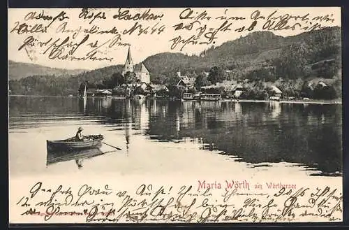 AK Maria Wörth am Wörthersee, Ortspanorama mit Ruderboot vom Wasser aus
