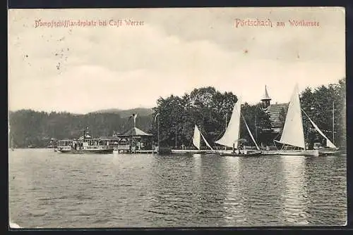 AK Pörtschach am Wörthersee, Dampfschifflandeplatz bei Cafe Werzer, vom Wasser gesehen