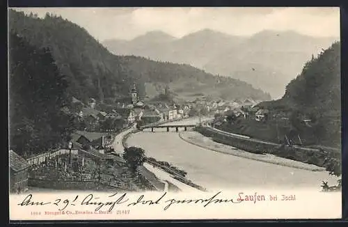 AK Laufen bei Ischl, Ortsansicht mit Brücke u. Bergpanorama