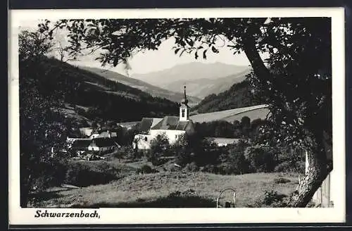 AK Schwarzenbach, Ortsansicht mit Bergpanorama