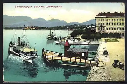AK Gmunden, Salzkammergut, Landungsplatz mit Dampfern