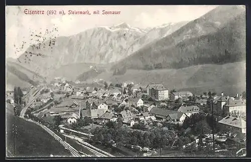 AK Eisenerz, Ortsansicht mit Seemauer und Gebirge