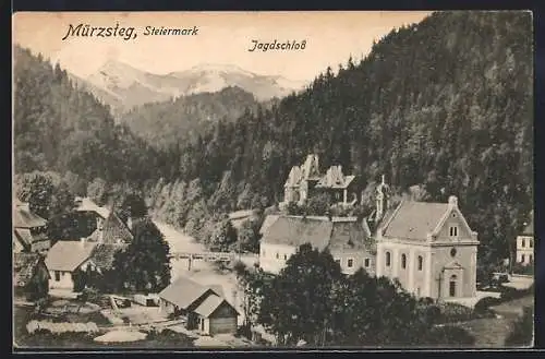 AK Mürzsteg /Steiermark, kaiserliches Jagschloss mit Fluss