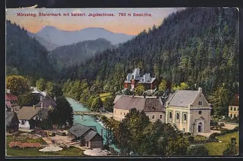 AK Mürzsteg /Steiermark, kaiserliches Jagschloss mit Fluss