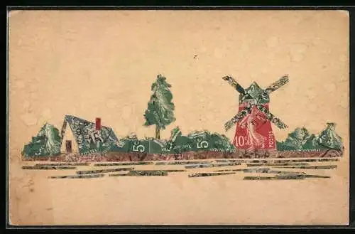 AK Windmühle und Haus am Flussufer, Briefmarkencollage