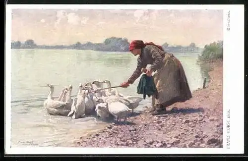 Künstler-AK sign. Franz Horst: Gänseliese, Frau mit Gänsen am Wasser