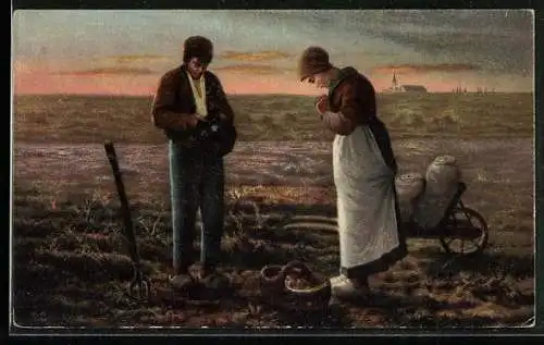 Künstler-AK sign. F. Millet: Zwei Menschen beten auf dem Feld, Abendläuten