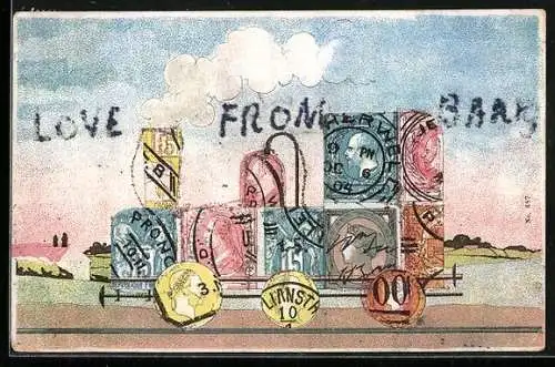 AK Briefmarkencollage Lokomotive auf Gleisen