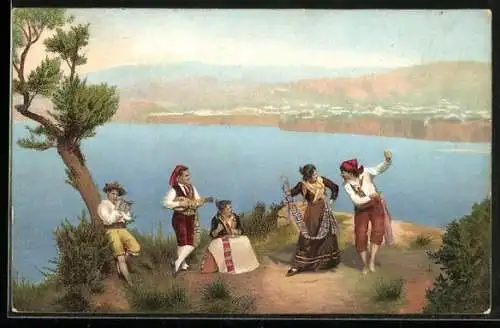 Lithographie Mittelmeerküste und Trachtengruppe beim Volkstanz