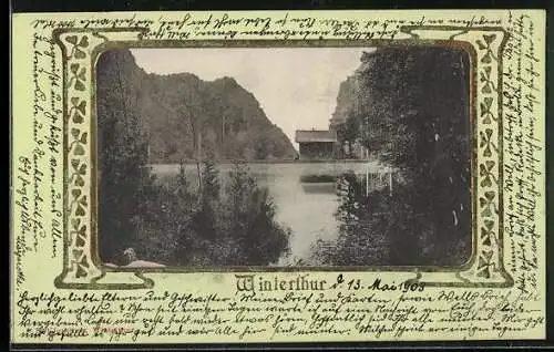 AK Winterthur, Seepartie mit Bäumen und Bergen in einem Rahmen aus Kleeblättern