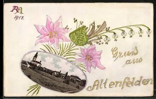 Künstler-AK Altenfelden, Blick in den Ort mit Blumen