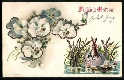 Lithographie Osterhase schlüpft aus einem Ei im Schilf, Fröhliche Ostern