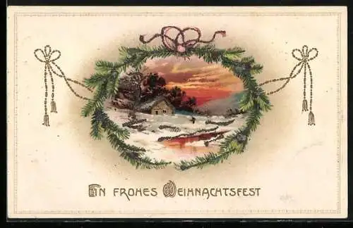 Präge-AK Schneelandschaft in Tannenzweig-Passepartout, Ein frohes Weihnachtsfest